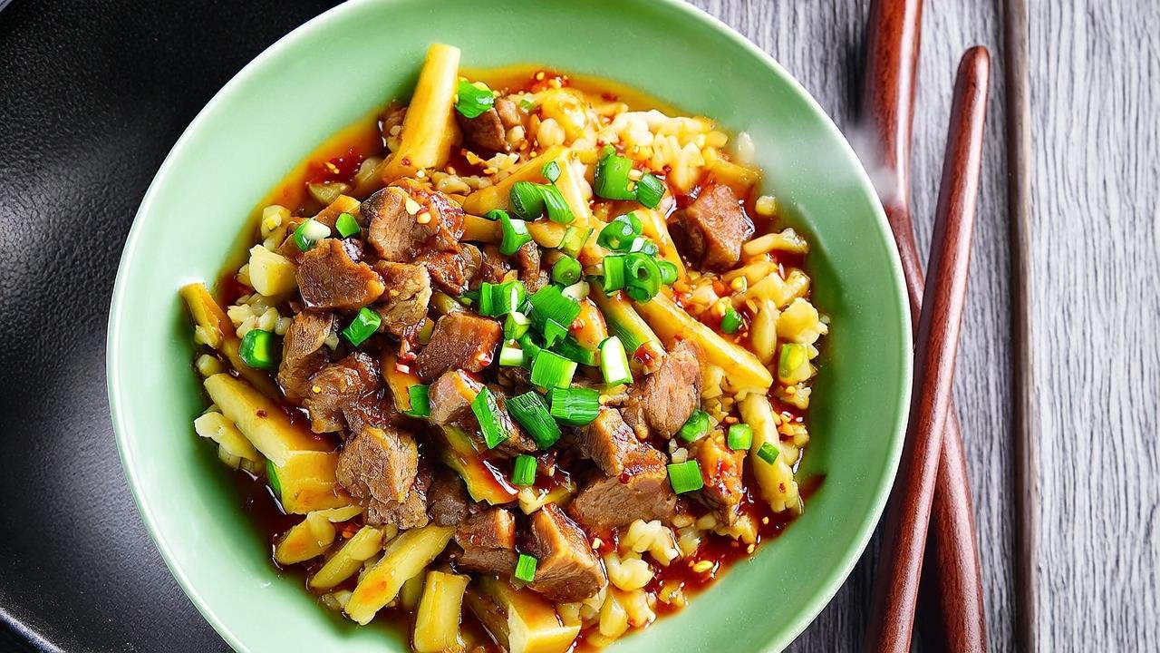 A ceramic bowl filled with spicy beef & bamboo shoot fried rice—glossy jasmine rice mixed with tender beef strips, crisp bamboo shoots, and flecks of green onion. The bowl sits on a kitchen counter next to a used carbon steel wok, with a pair of wooden chopsticks resting beside it. Rich, warm tones highlight the dish’s texture and depth, inviting a bite.