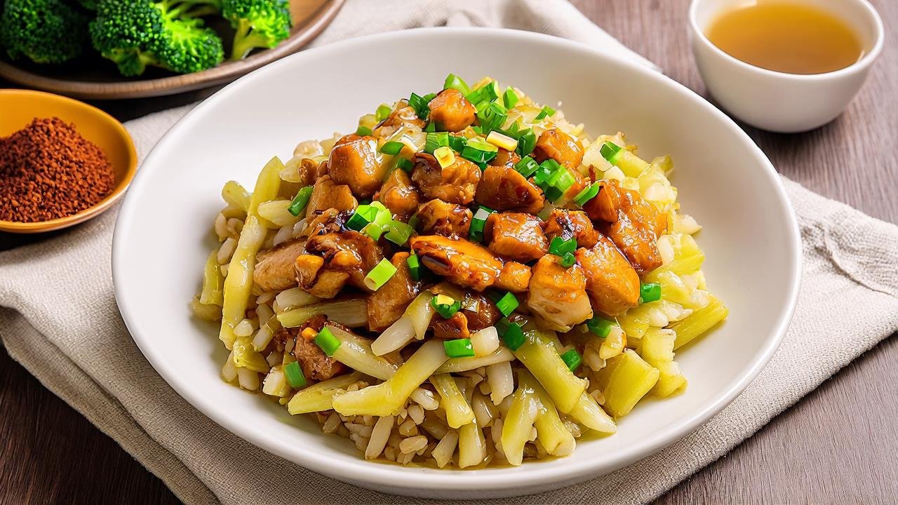 A white ceramic bowl filled with fluffy Black Pepper Chicken & Bamboo Shoot Fried Rice, topped with fresh green scallions. The rice has distinct grains coated in a glossy sauce, with visible chunks of chicken and bamboo shoots. Next to the bowl is a small ceramic dish of extra black pepper powder. The background features a linen tablecloth on a wooden table, with a side of steamed broccoli and a glass of green tea, creating a warm, inviting dinner setting with soft natural light.