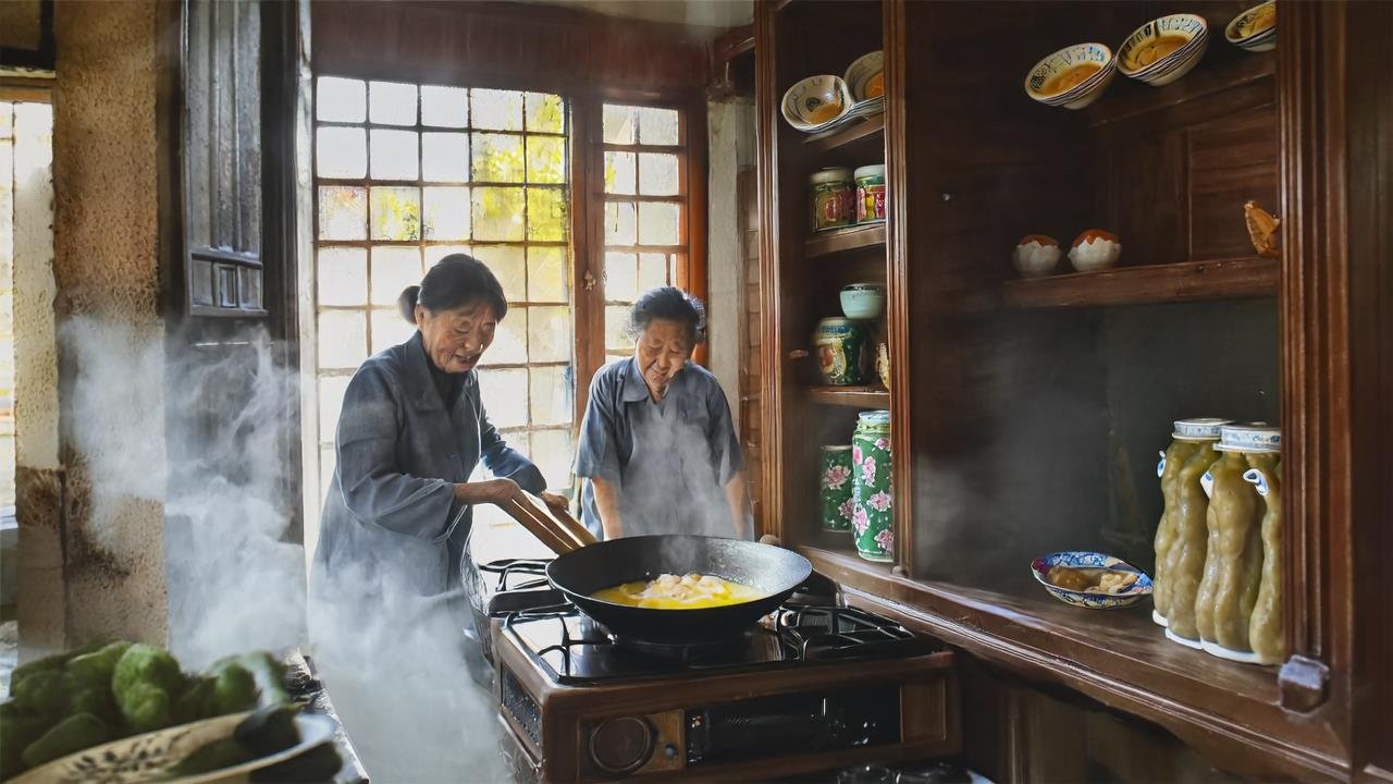 A cozy, vintage Chinese kitchen with a worn cast-iron wok on a gas stove. An elderly woman (grandma) stirs fried rice with a wooden spatula, while a jar of bamboo shoots and a bowl of fresh shrimp sit on a wooden counter. Warm yellow light filters through a window, with steam rising from the wok. Tones are soft and nostalgic, like a memory.