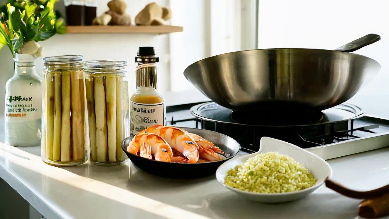 A bright modern American kitchen counter with ingredients for shrimp and bamboo shoot fried rice laid out: a can of young bamboo shoots (label visible), a plate of peeled raw shrimp, a bowl of cold jasmine rice, a small bowl of minced garlic and ginger, a bottle of light soy sauce, and a jar of oyster sauce. A stainless steel wok sits in the background on a ceramic stovetop. Tones are vibrant and inviting, with natural light from a nearby window.