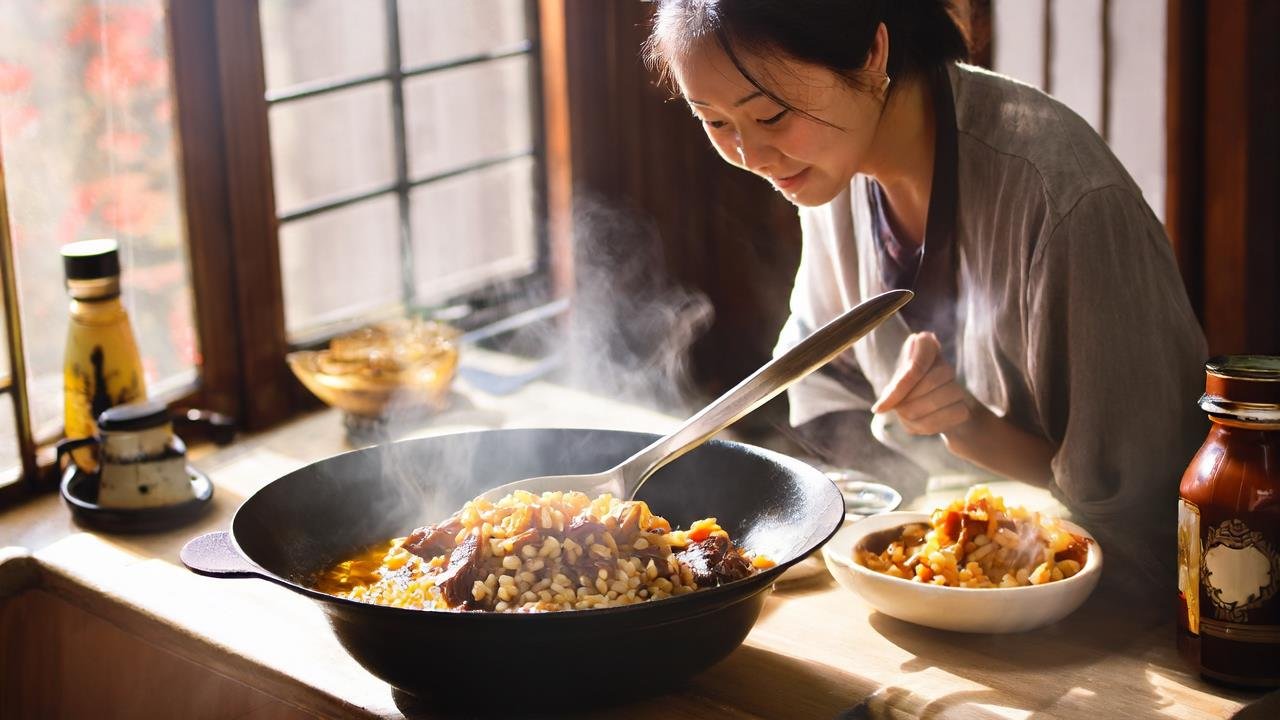Warm, sunlit kitchen scene: Chinese-American mom stirring beef and bamboo shoot fried rice in a worn black wok. Steam rises from the pan, rice grains glistening with soy sauce. Counter has a canned bamboo shoots, light soy sauce bottle, bowl of day-old rice. Soft golden light from window, mom’s smiling hands in motion. Cozy, homey atmosphere.
