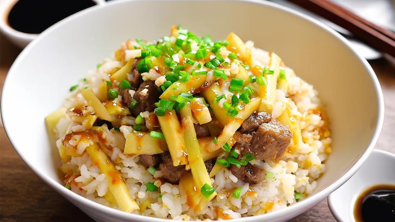 Close-up of a white bowl with fluffy beef and bamboo shoot fried rice. Rice has golden-brown bits, tender beef slices, crisp pale yellow bamboo shoots. Topped with green onions, drizzle of sesame oil. Background: wooden table with a fork and small dish of soy sauce. Bright natural light, fresh and appetizing look. Vibrant, mouthwatering colors.