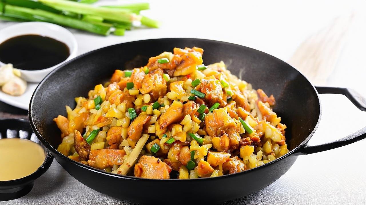 A serving of Chicken & Bamboo Shoot Fried Rice in a black wok—steam rising from golden rice mixed with tender chicken strips and crisp bamboo shoots. Beside the wok: a small bowl of light soy sauce, a garlic clove, and a sprig of green onion. Bright, inviting tones: golden rice, deep black wok, vibrant green onions, and warm browns from the chicken. The vibe is cozy and approachable, like a home-cooked meal ready to be eaten.