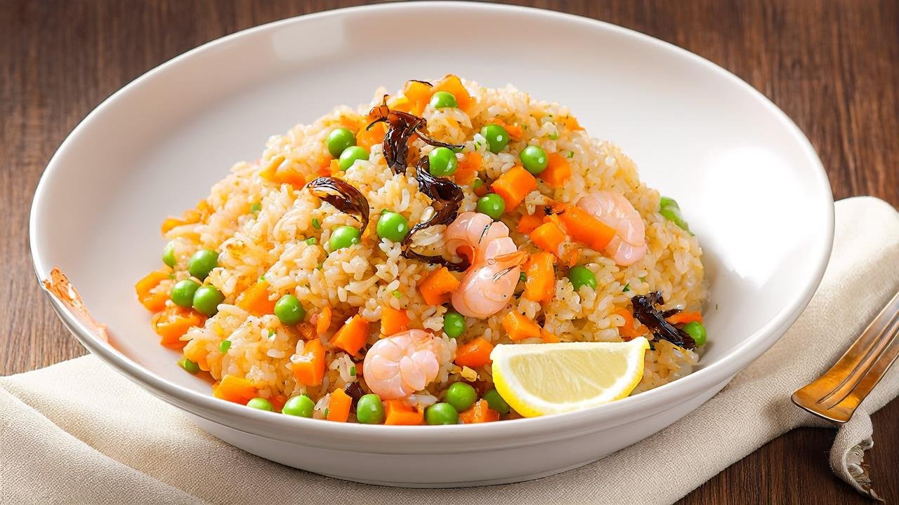 A white ceramic bowl filled with mixed seafood fried rice—fluffy jasmine rice, pink shrimp, seared scallops, carrots, and peas—garnished with fresh green onions. A lemon wedge rests on the side, and the background shows a wooden dining table with a linen napkin. Bright natural light, clean appetizing presentation, cozy home dining vibe.